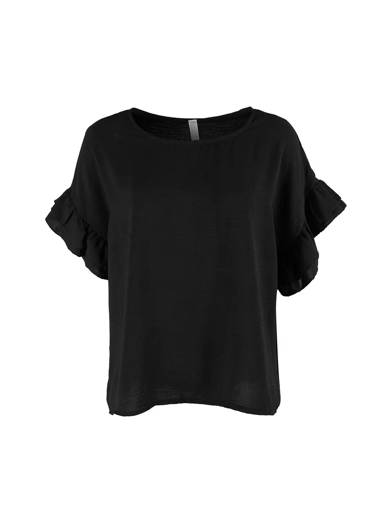 Blusa donna con maniche corte a balze - nero
