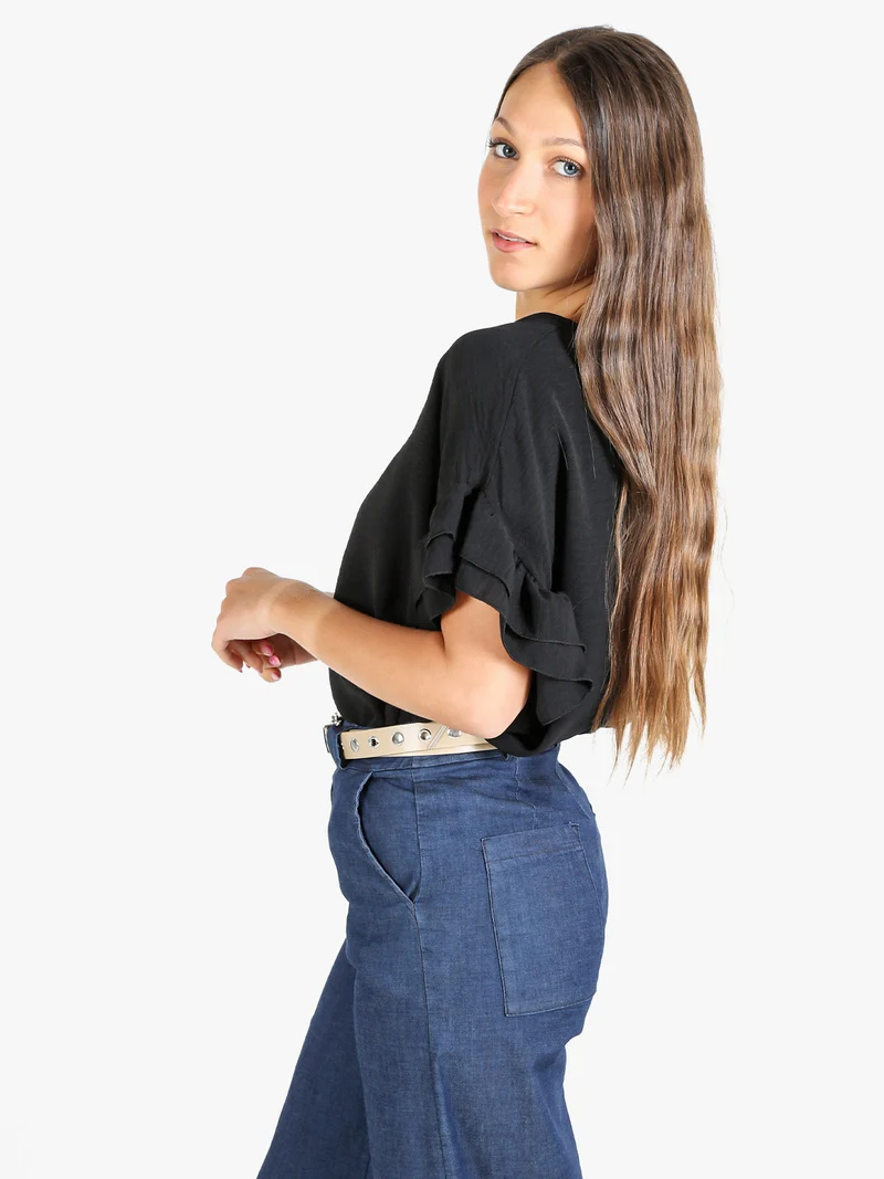 Blusa donna con maniche corte a balze - nero