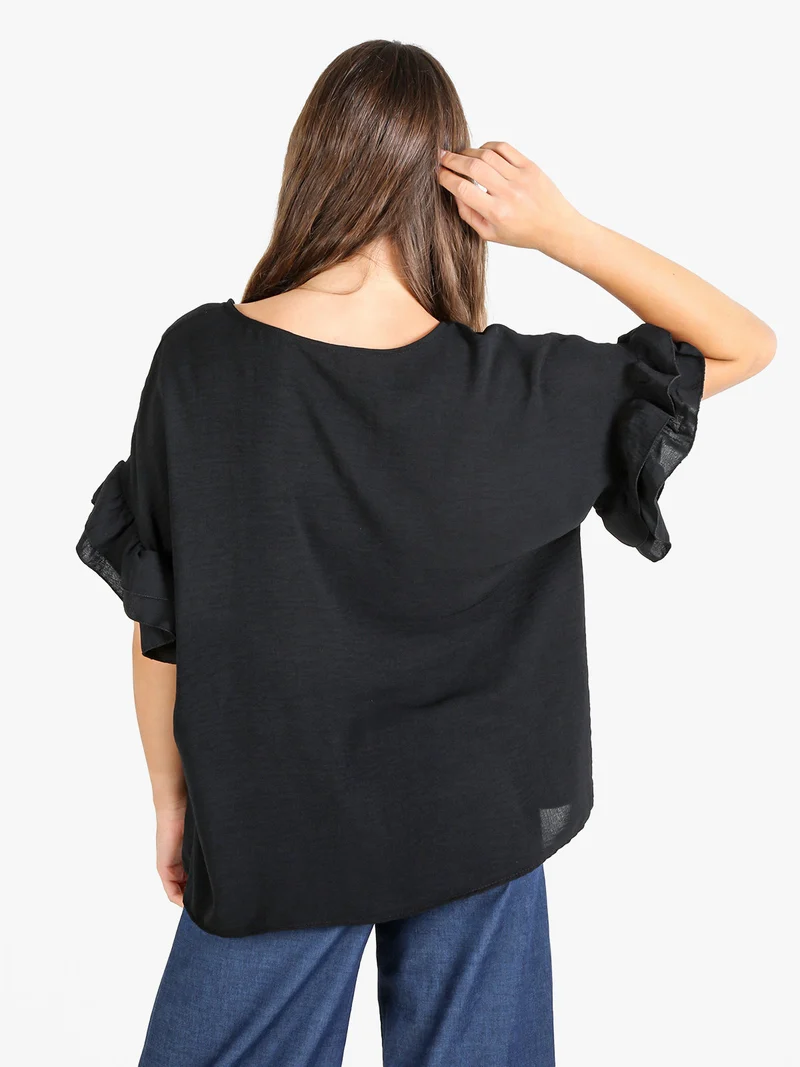 Blusa donna con maniche corte a balze - nero
