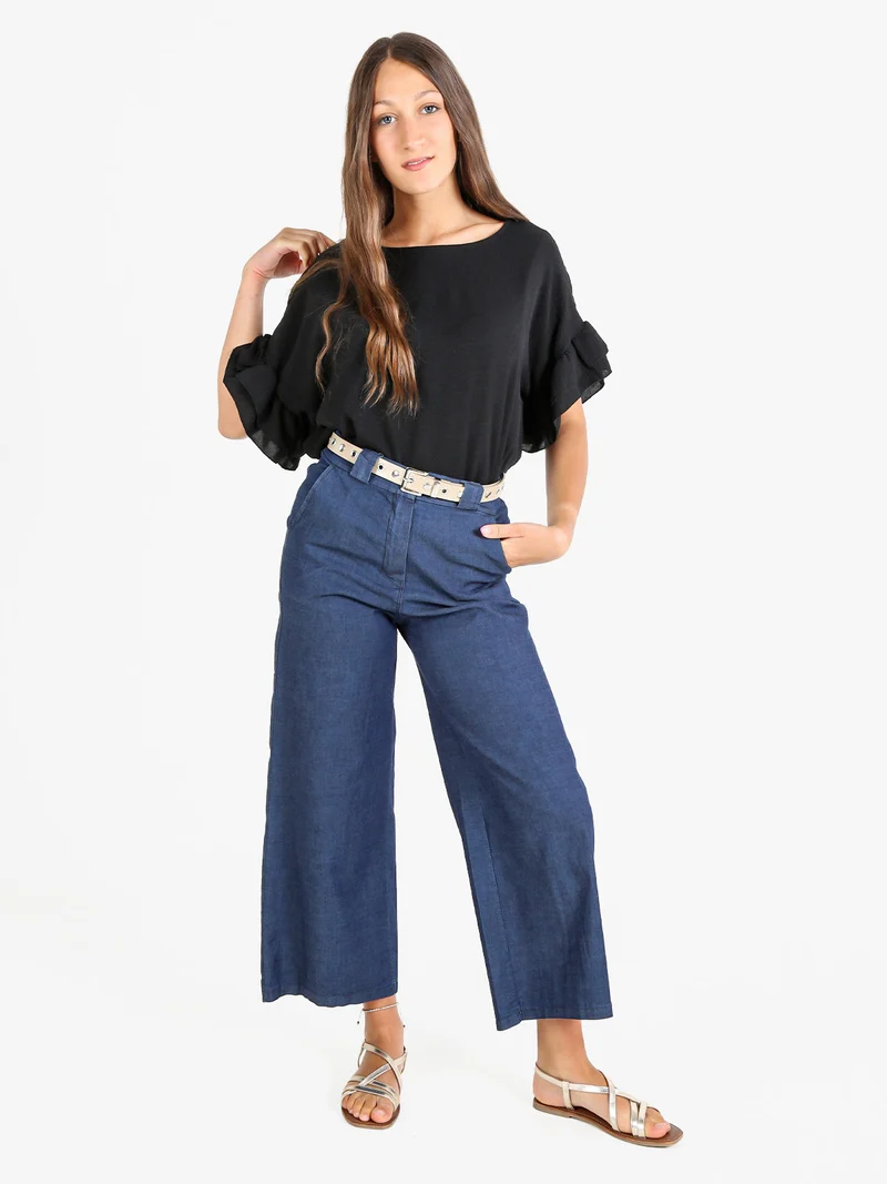 Blusa donna con maniche corte a balze - nero