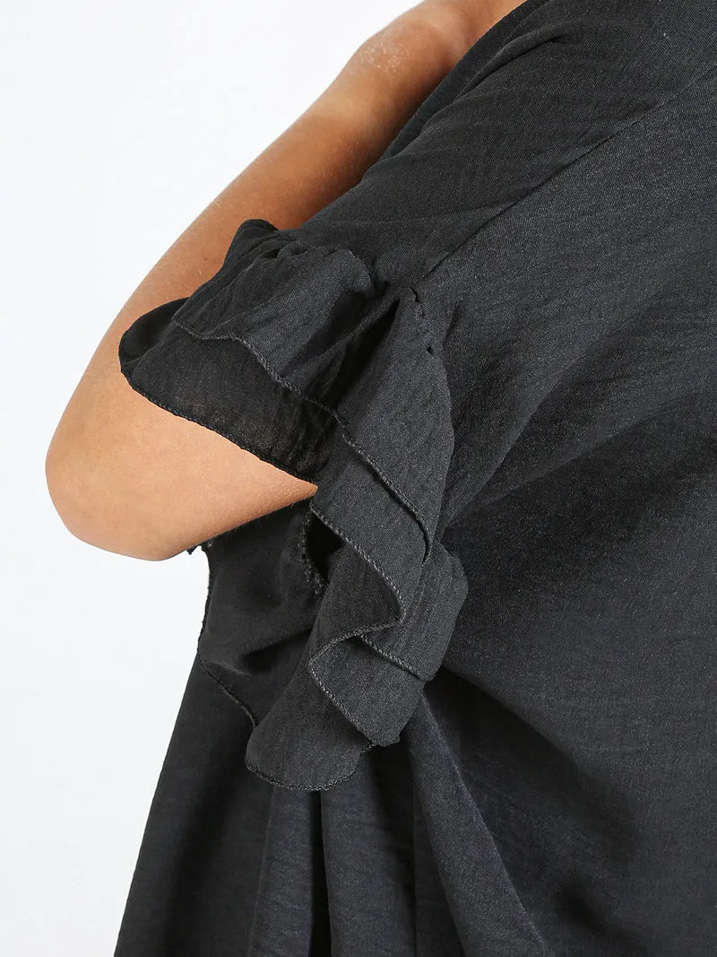 Blusa donna con maniche corte a balze - nero