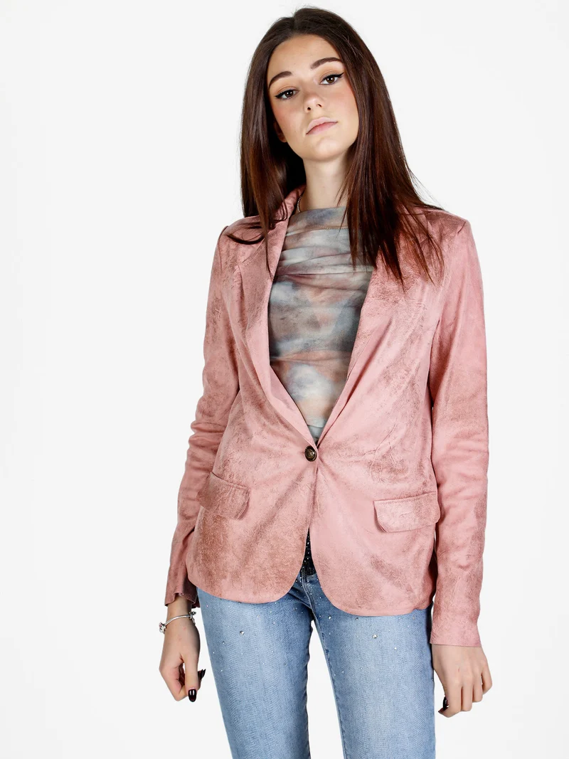 Blazer donna in tessuto scamosciato con bottone - rosa