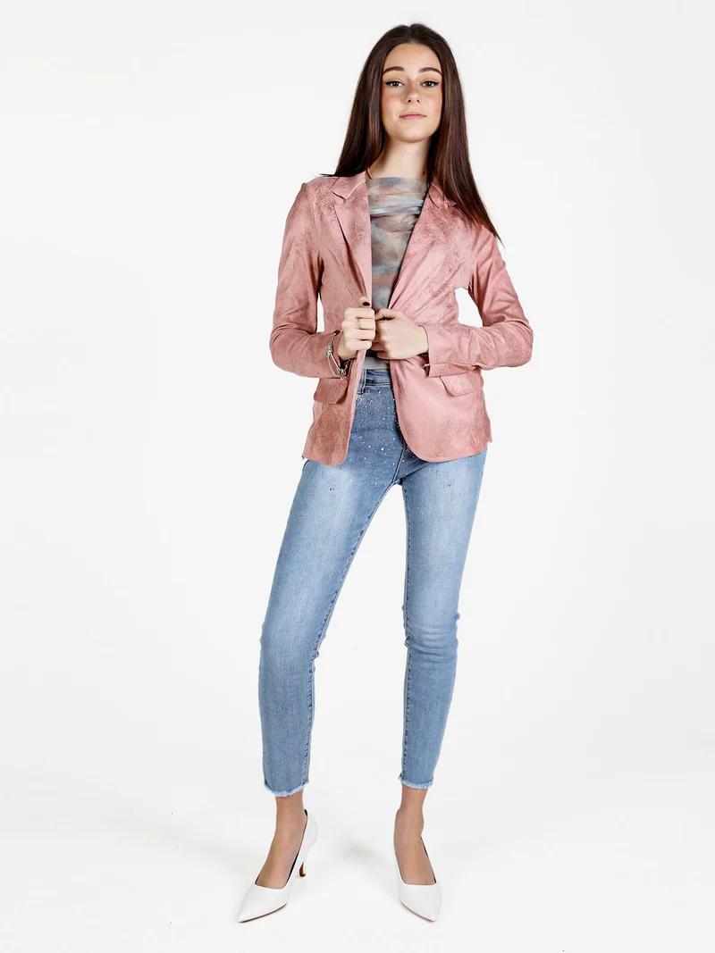 Blazer donna in tessuto scamosciato con bottone - rosa