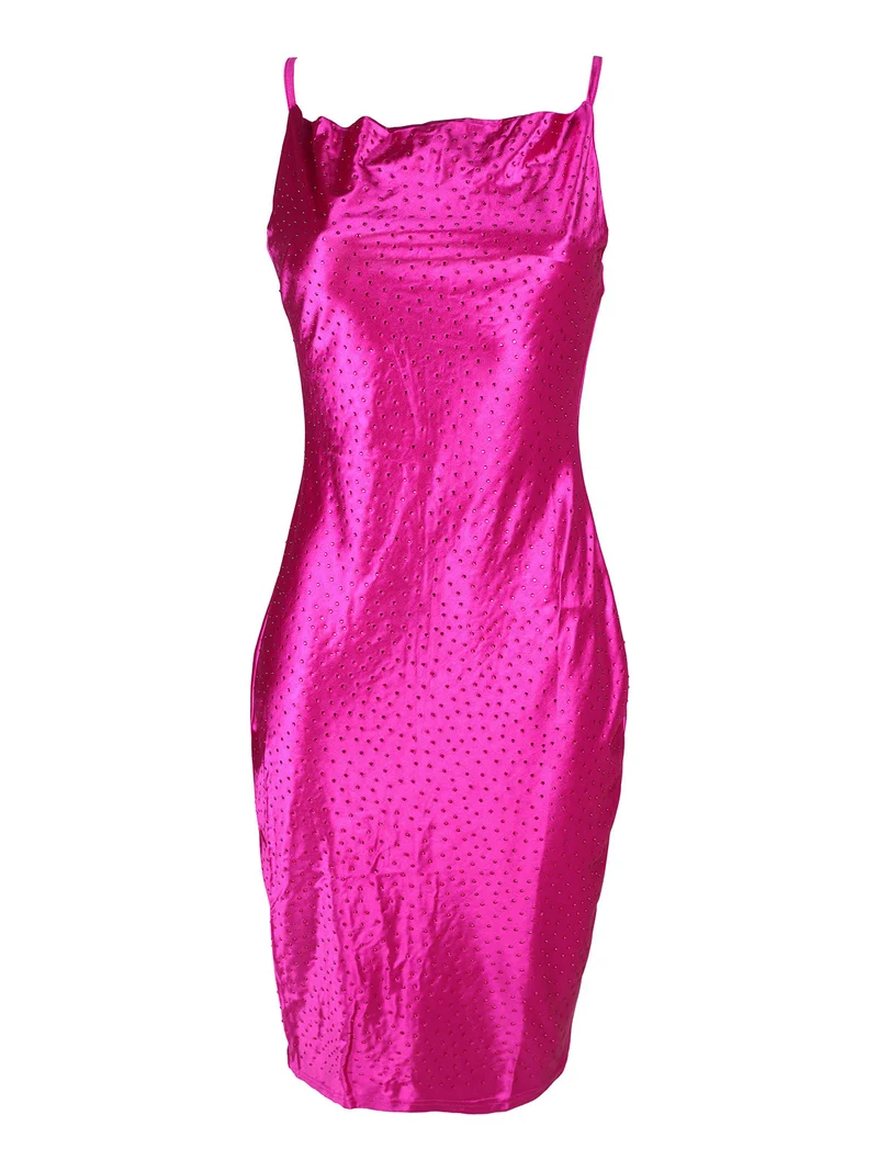 Abito donna con spalline sottili e strass - fucsia