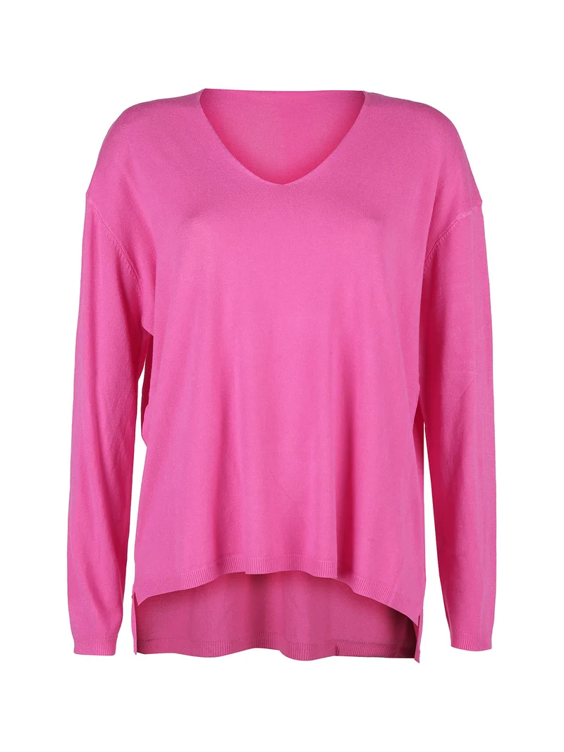 Pullover donna oversize in maglia scollo V - fucsia