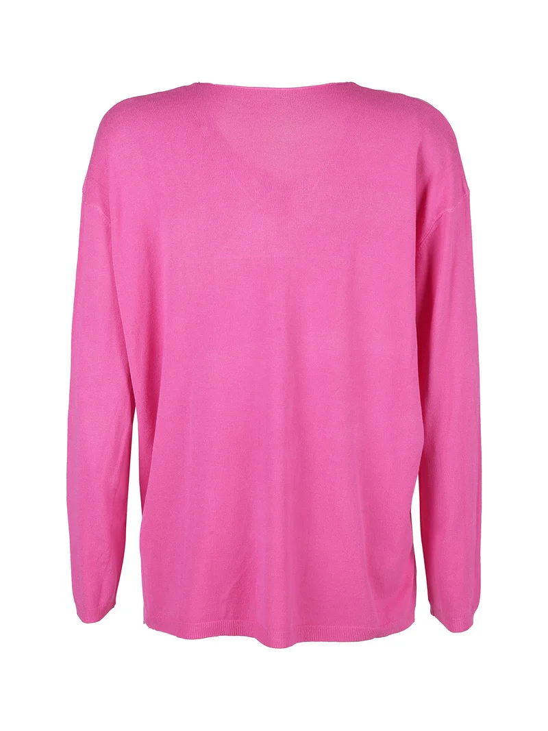 Pullover donna oversize in maglia scollo V - fucsia