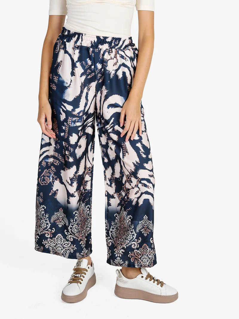 Pantaloni donna effetto raso con stampe - blu scuro