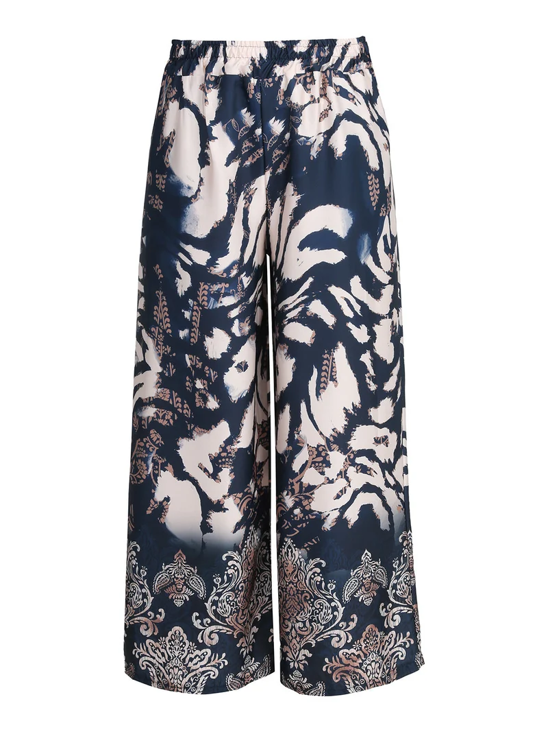 Pantaloni donna effetto raso con stampe - blu scuro