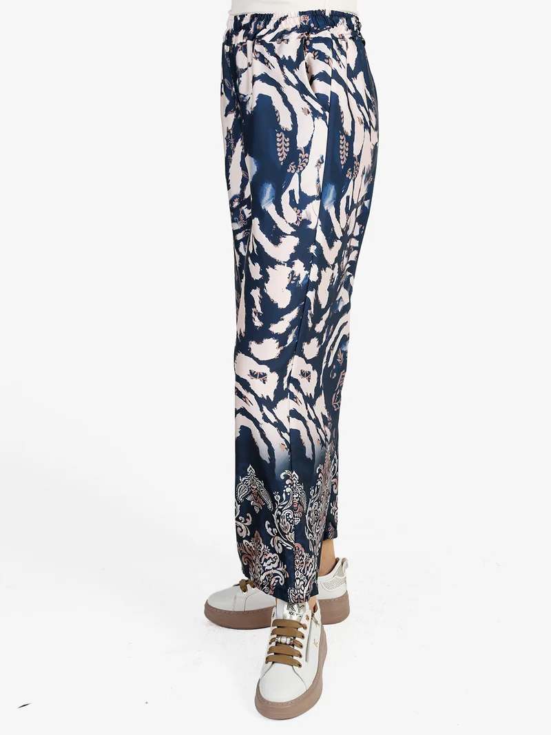 Pantaloni donna effetto raso con stampe - blu scuro