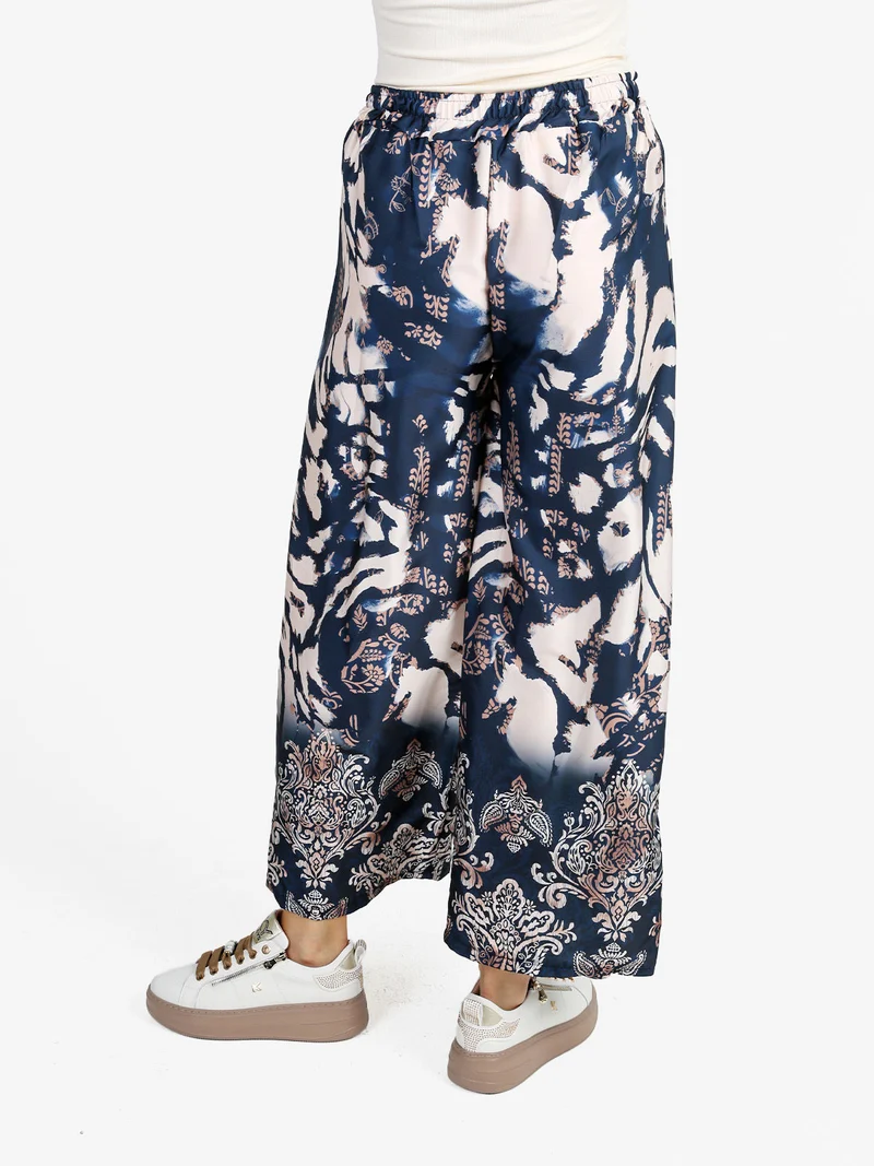 Pantaloni donna effetto raso con stampe - blu scuro