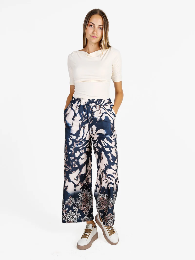 Pantaloni donna effetto raso con stampe - blu scuro