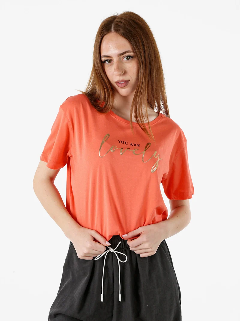 T-shirt donna in cotone con stampa - arancione