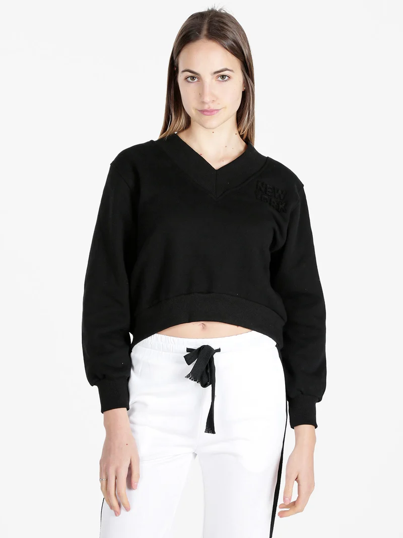 Felpa cropped da donna con scollo a V - nero