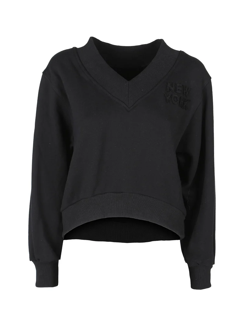 Felpa cropped da donna con scollo a V - nero