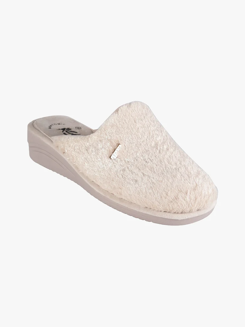 Pantofole donna invernali in ecopelo con zeppa - beige
