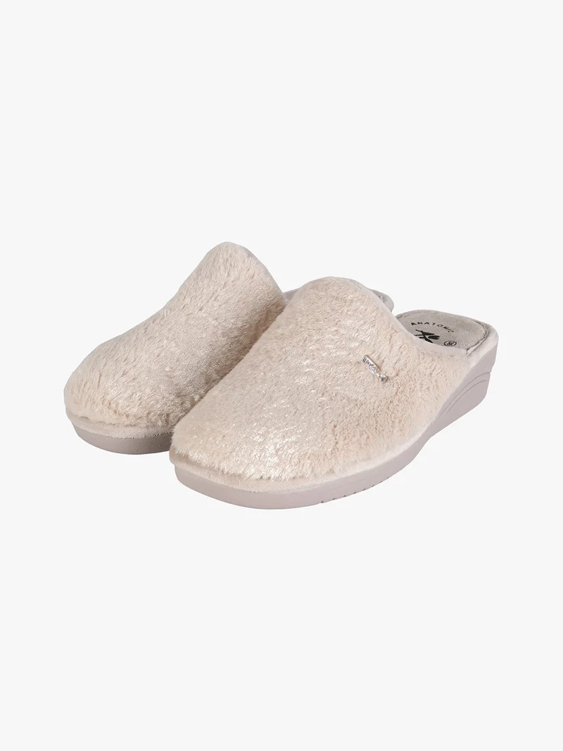 Pantofole donna invernali in ecopelo con zeppa - beige