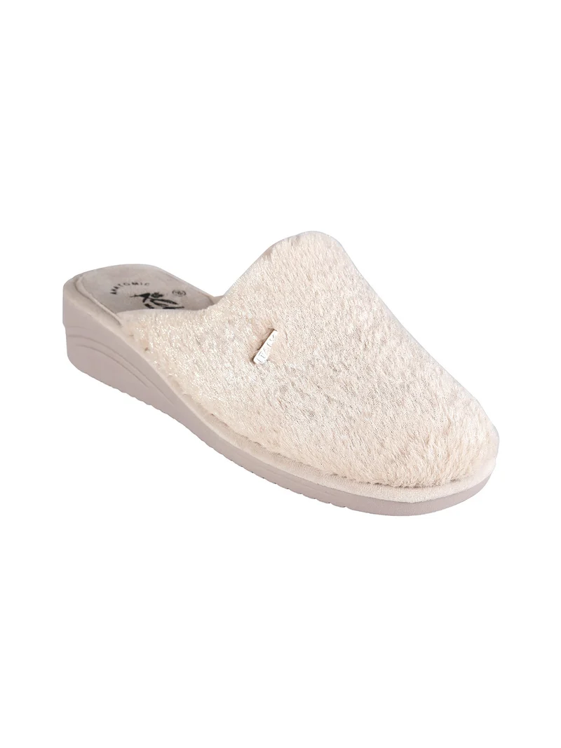 Pantofole donna invernali in ecopelo con zeppa - beige