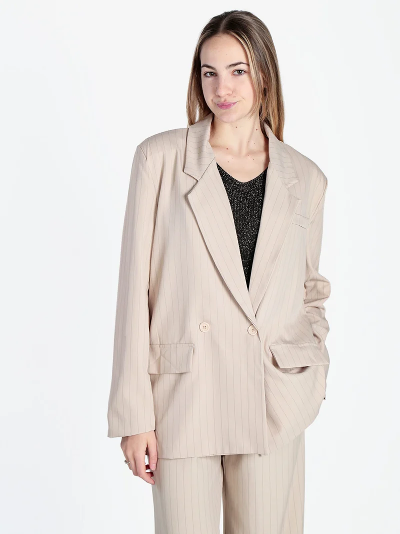 Blazer donna gessato con chiusura a doppio petto - beige