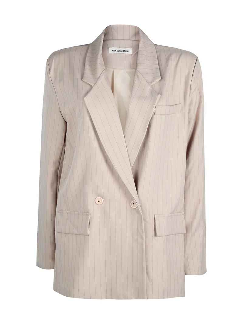 Blazer donna gessato con chiusura a doppio petto - beige
