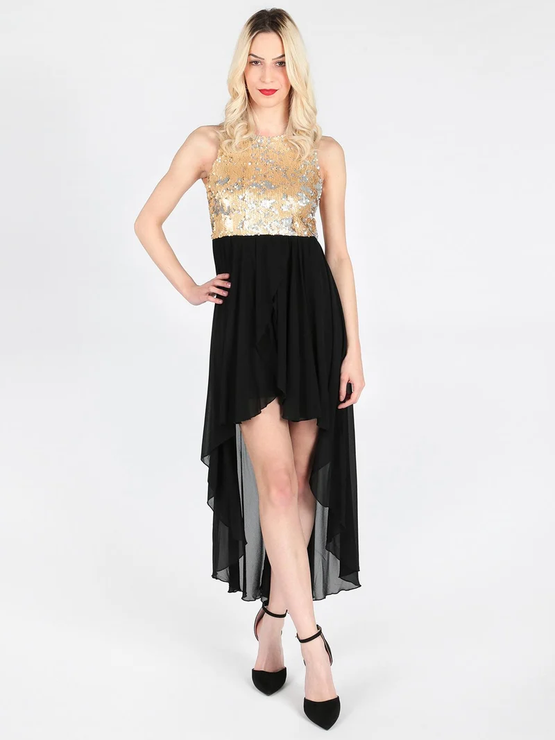 Vestito lungo sul retro con paillettes - nero