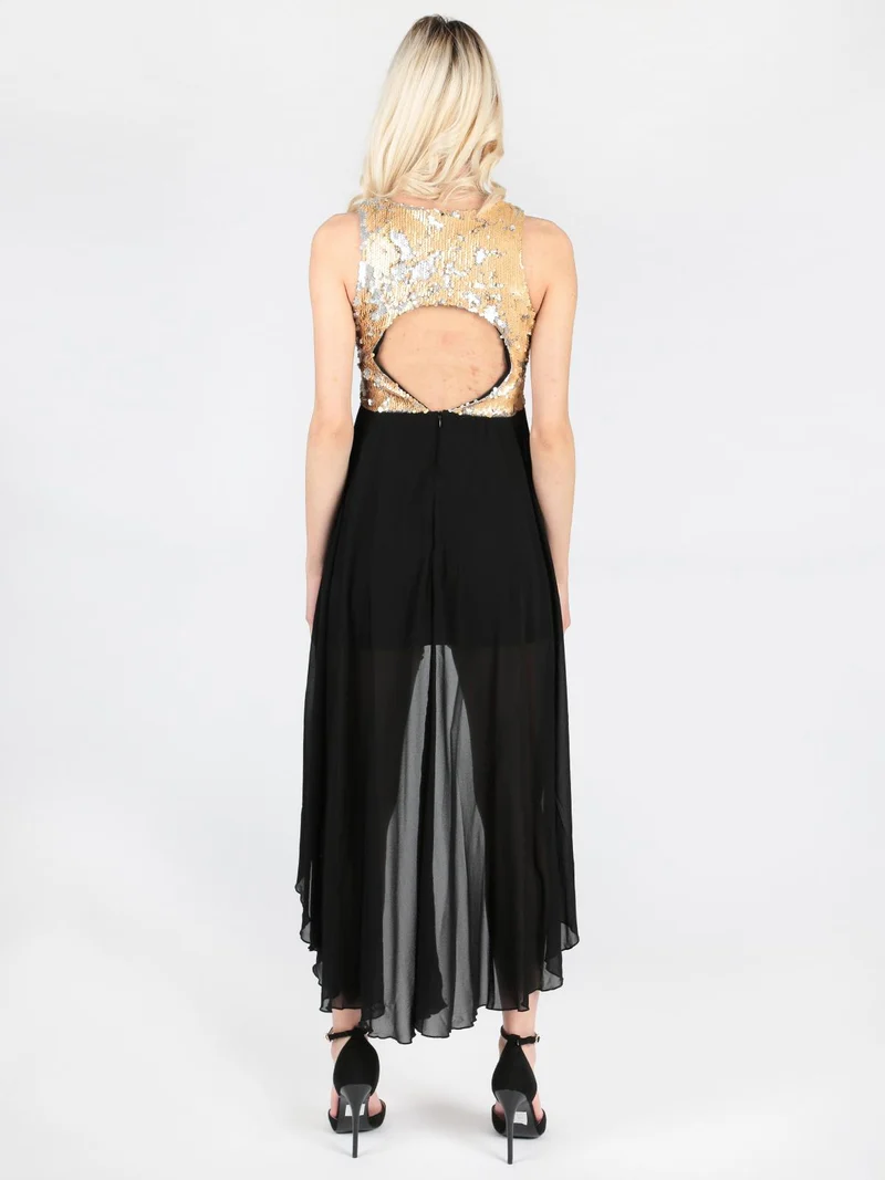 Vestito lungo sul retro con paillettes - nero