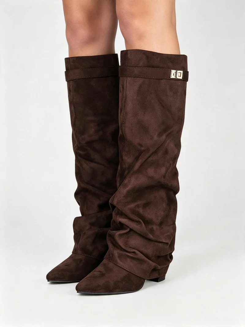 Stivali slouchy da donna scamosciati con gambale a doppio strato - moro