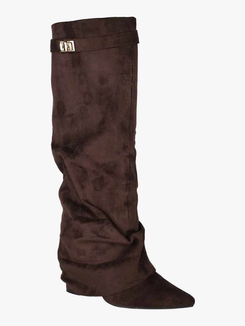 Stivali slouchy da donna scamosciati con gambale a doppio strato - moro