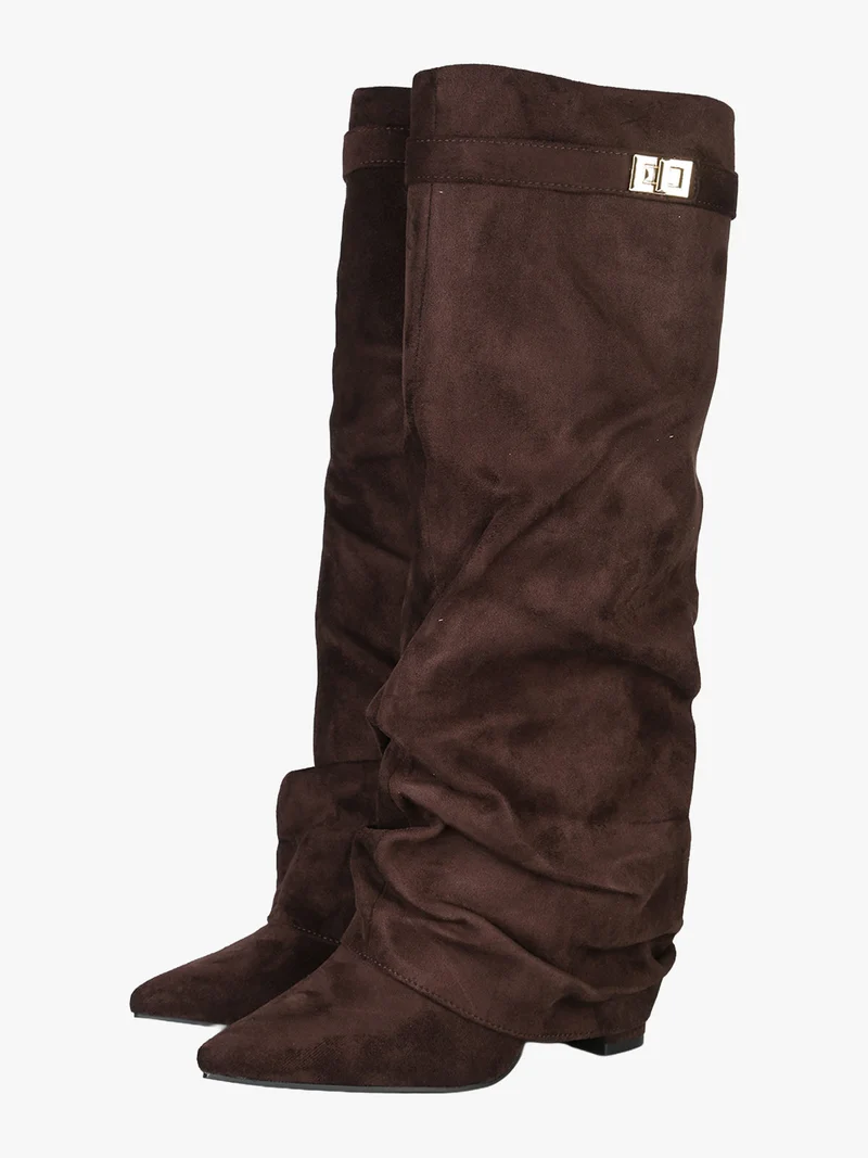 Stivali slouchy da donna scamosciati con gambale a doppio strato - moro