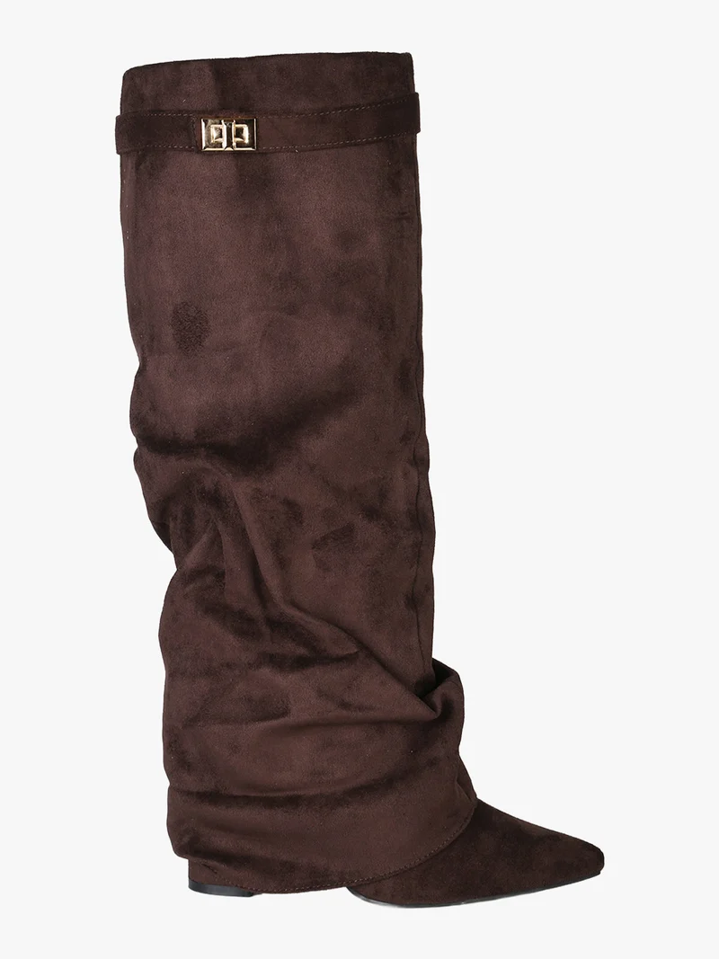 Stivali slouchy da donna scamosciati con gambale a doppio strato - moro