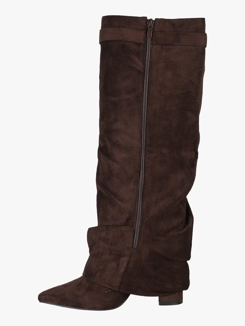 Stivali slouchy da donna scamosciati con gambale a doppio strato - moro