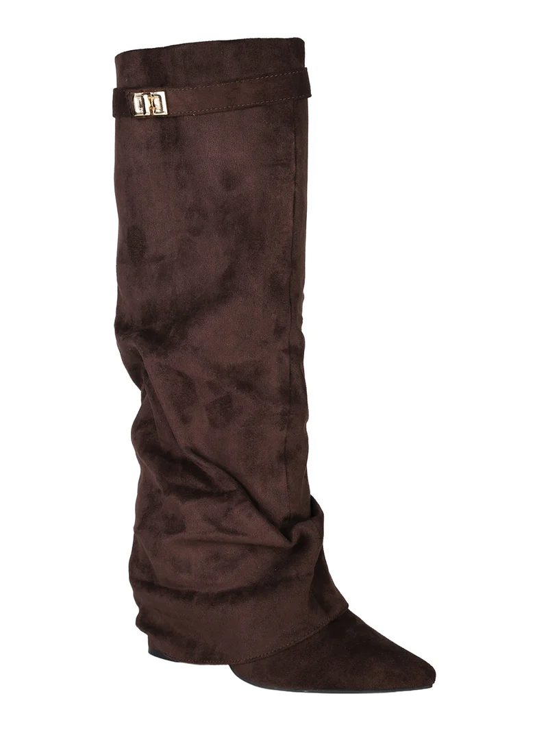 Stivali slouchy da donna scamosciati con gambale a doppio strato - moro