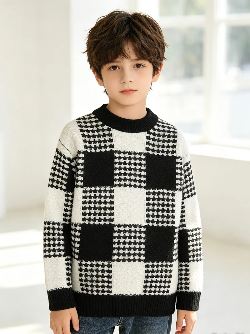 Maglione girocollo da bambino a scacchi - nero