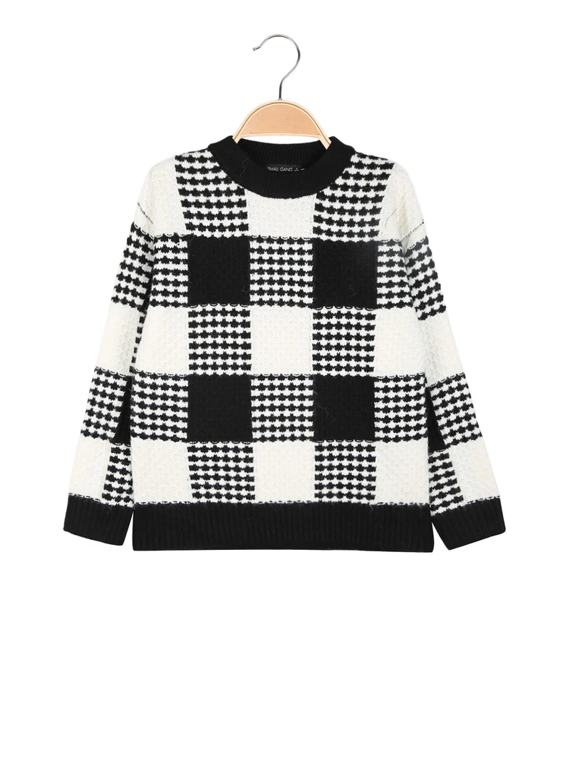 Maglione girocollo da bambino a scacchi - nero