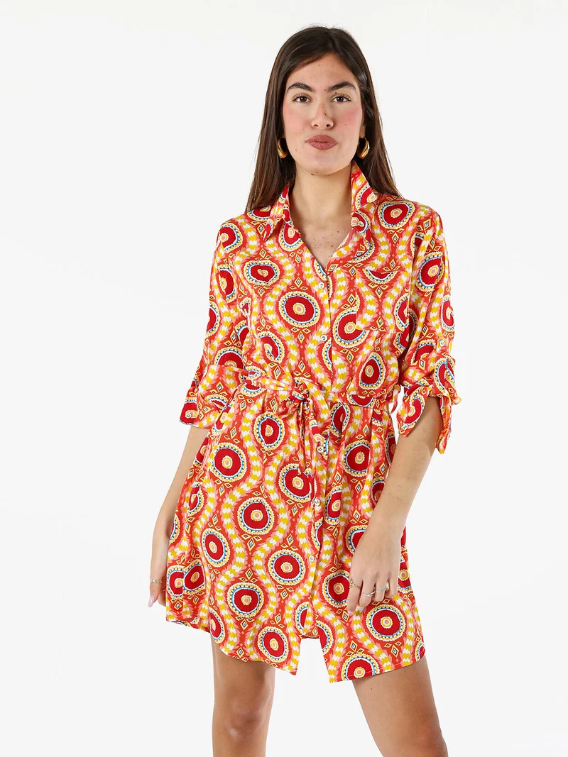 Vestito donna a camicia con maniche lunghe e taschino - arancione
