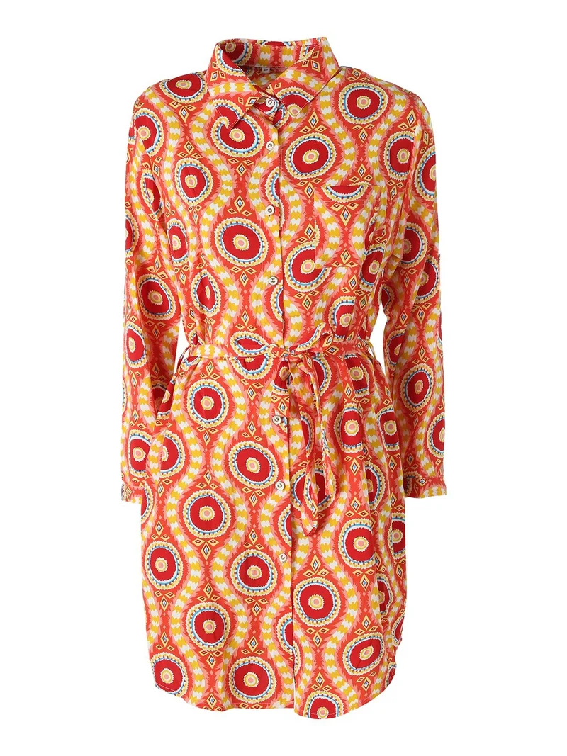Vestito donna a camicia con maniche lunghe e taschino - arancione