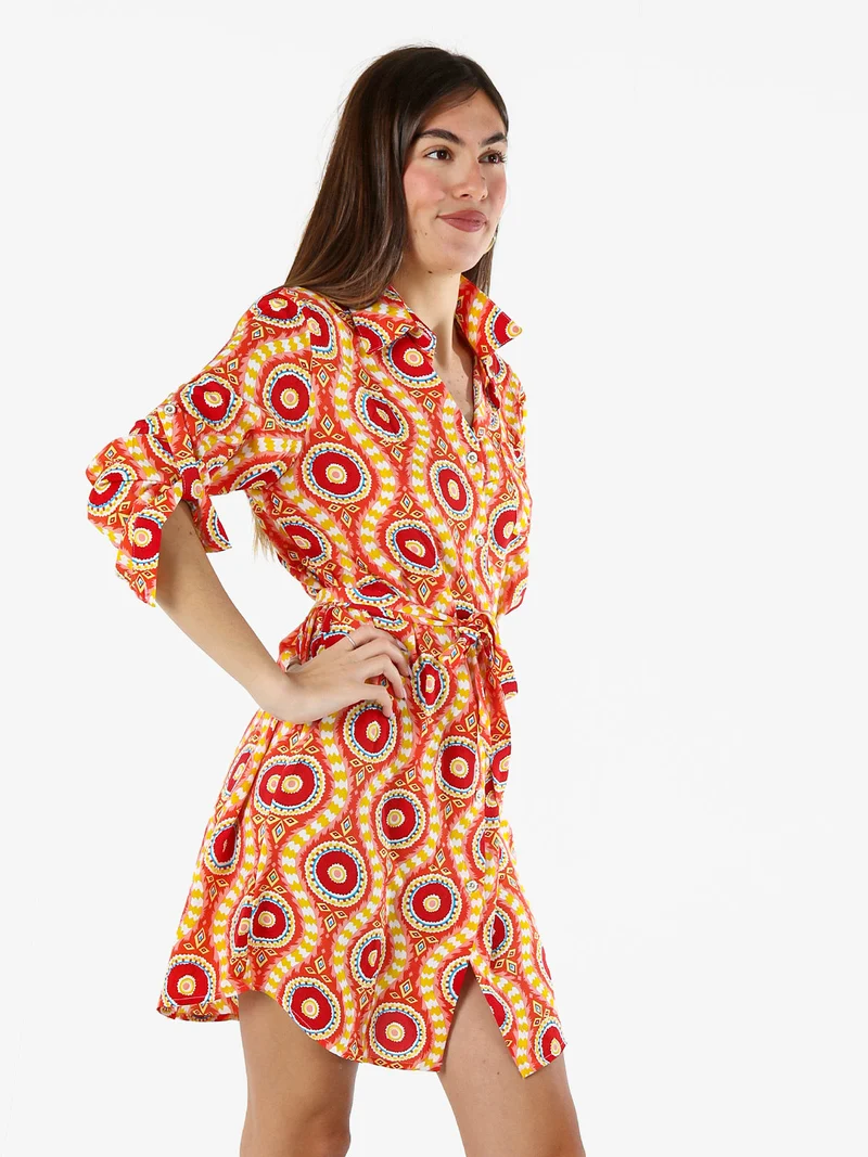 Vestito donna a camicia con maniche lunghe e taschino - arancione