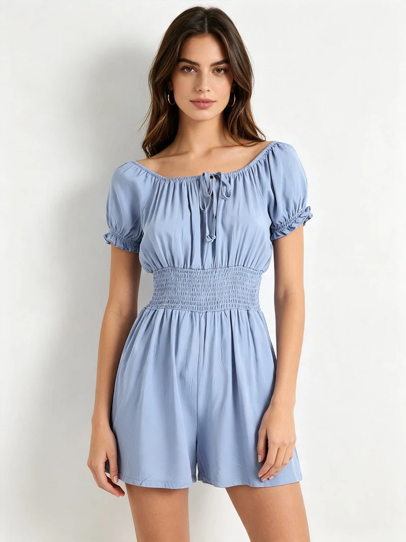 Tuta jumpsuite corta da donna con scollo a barca - blu