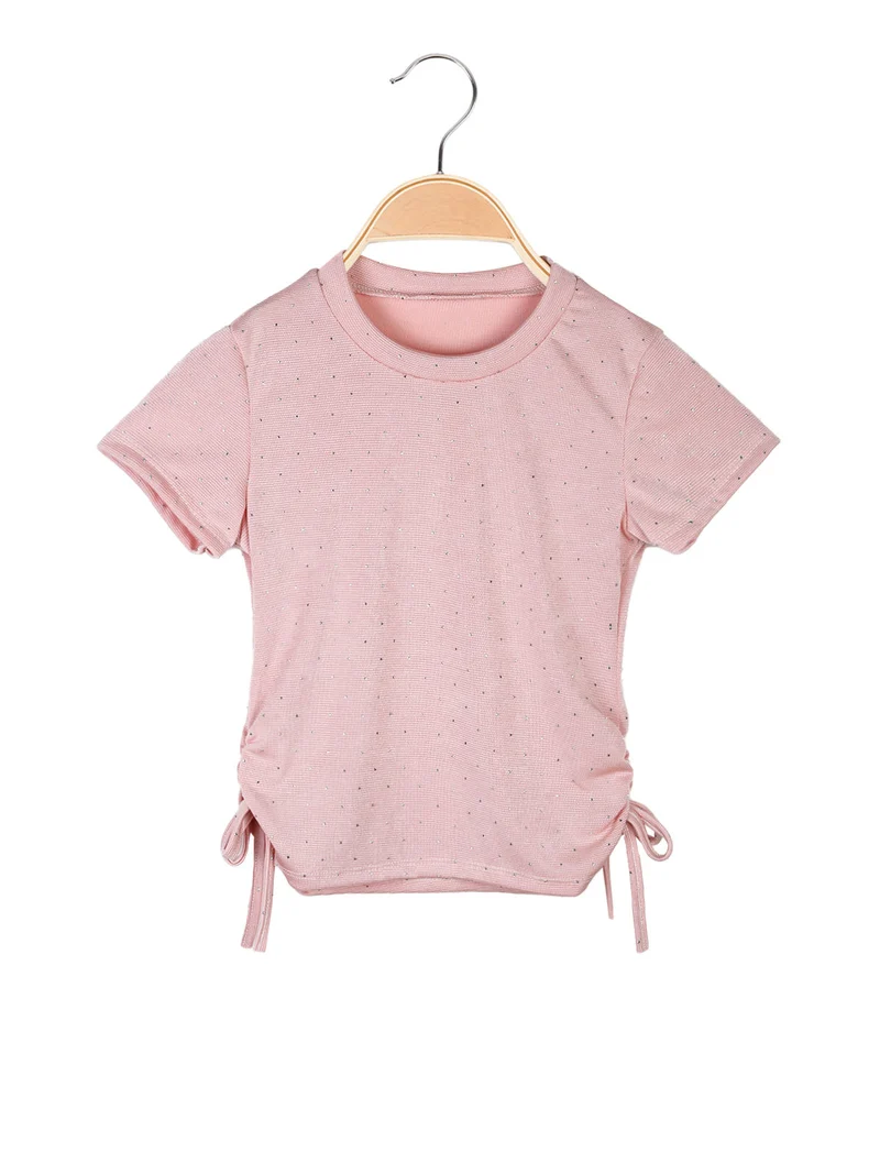 Top da bambina a maniche corte con strass - rosa