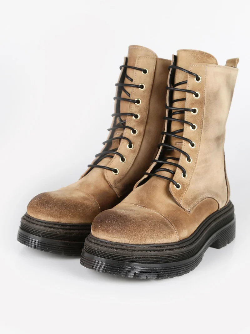 Anfibi in pelle scamosciata donna con plateau - cuoio