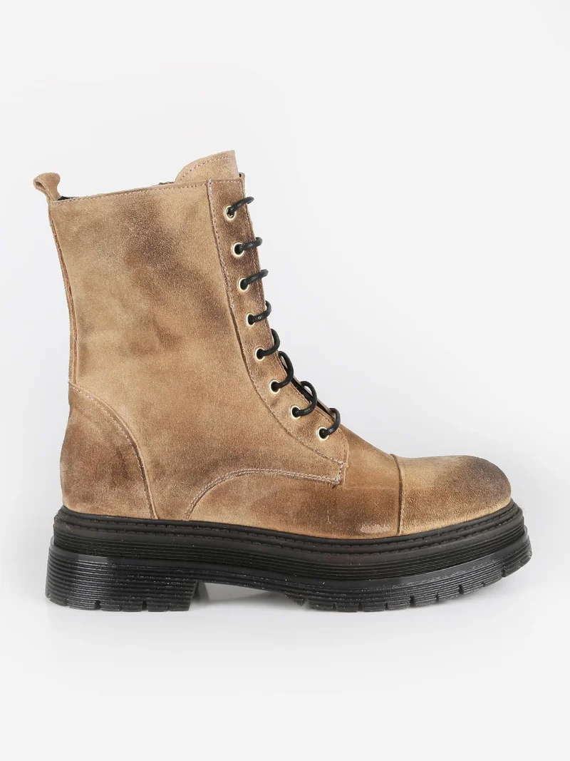 Anfibi in pelle scamosciata donna con plateau - cuoio