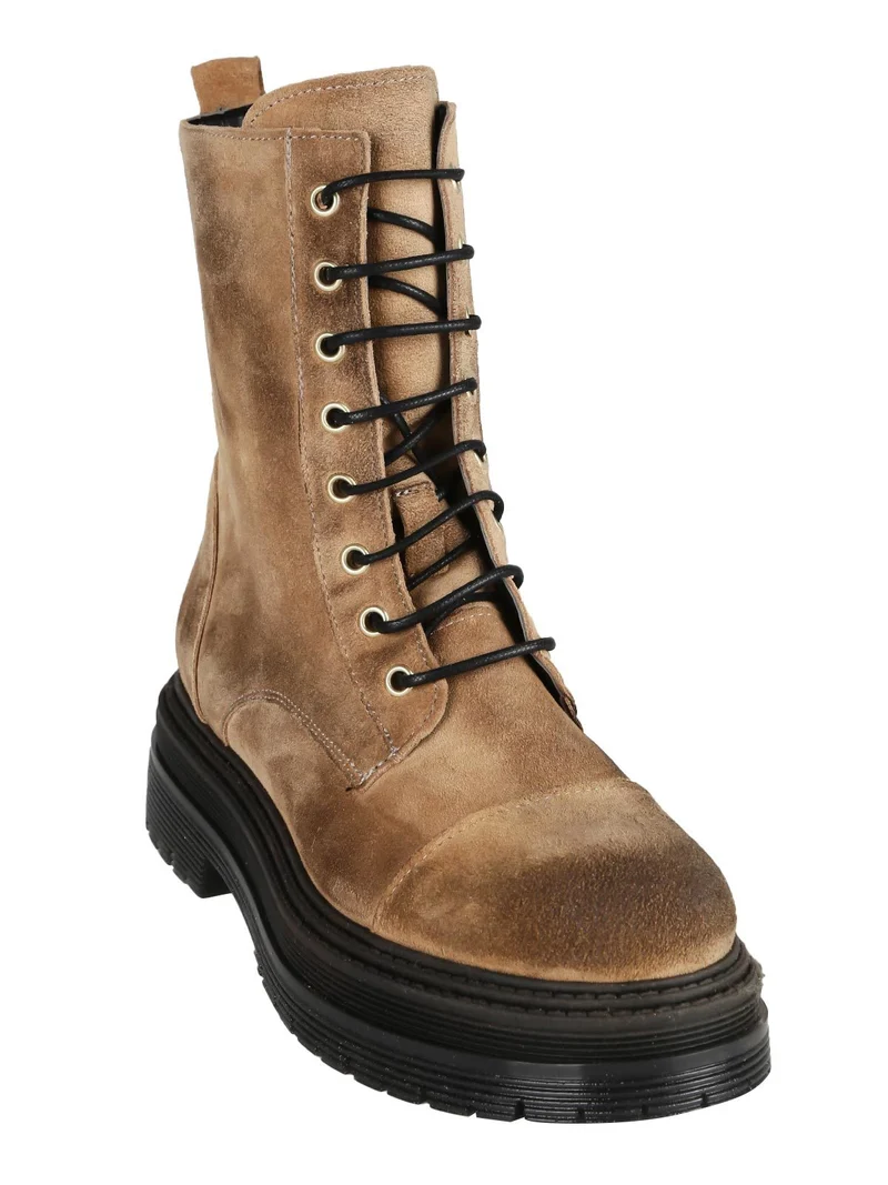 Anfibi in pelle scamosciata donna con plateau - cuoio