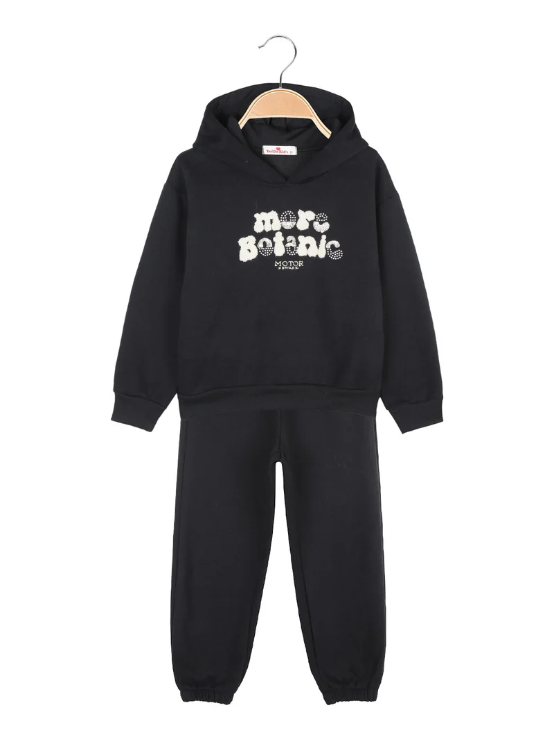 Completo tuta felpata da bambina 2 pezzi con cappuccio - nero