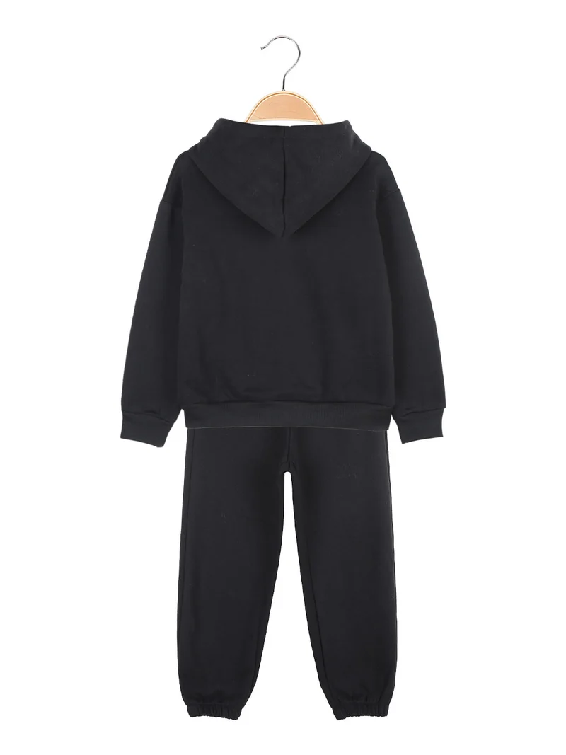 Completo tuta felpata da bambina 2 pezzi con cappuccio - nero