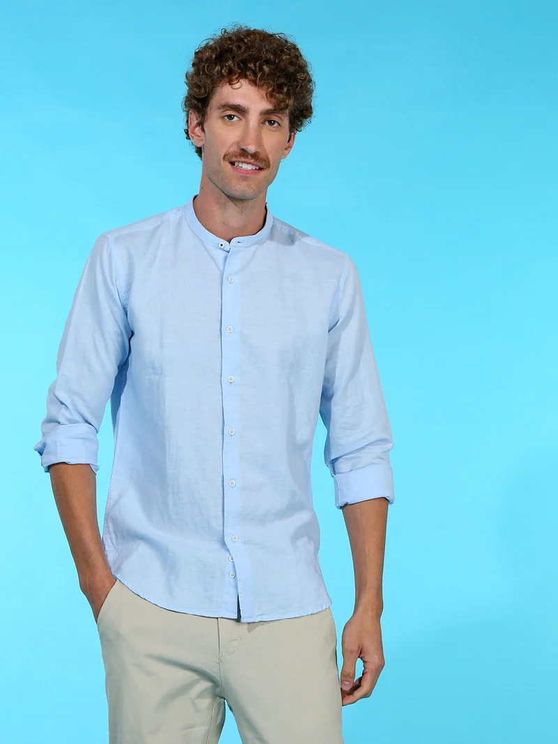 Camicia da uomo alla coreana in misto lino - azzurro