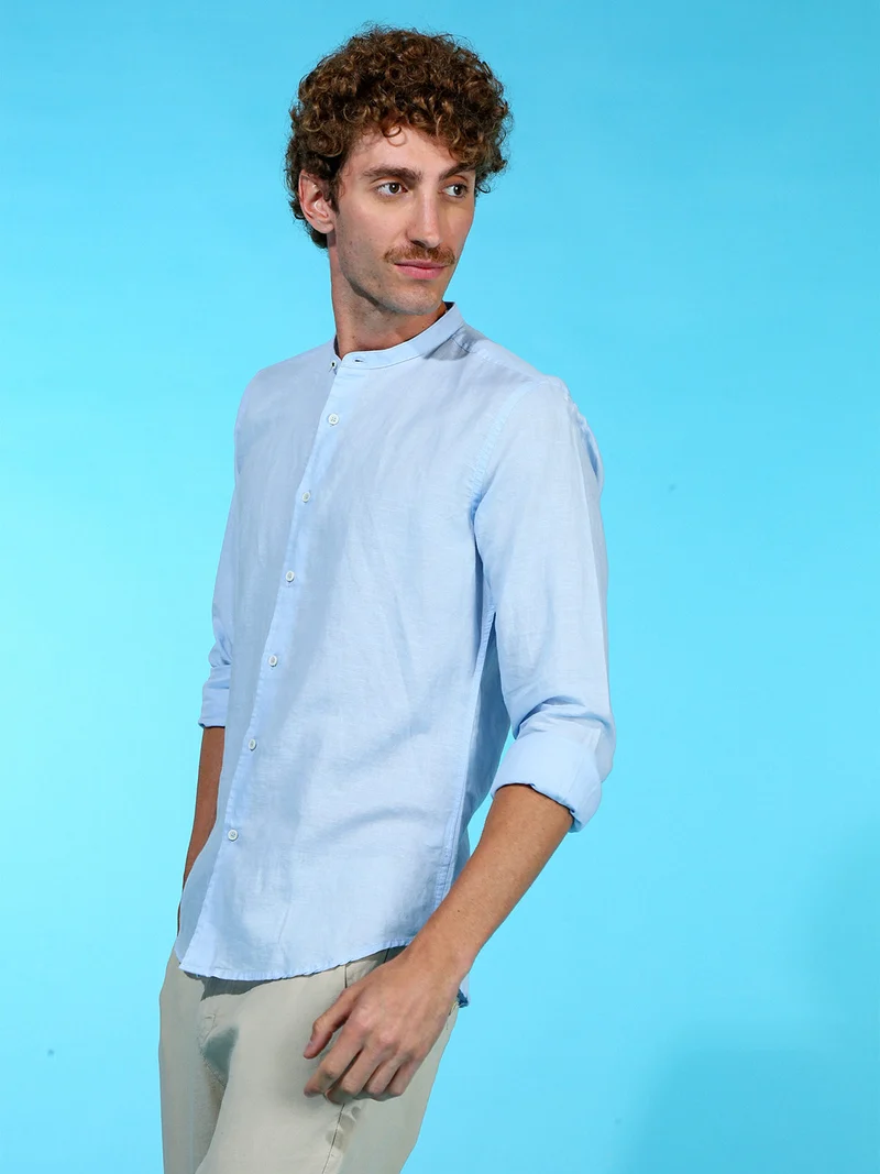 Camicia da uomo alla coreana in misto lino - azzurro