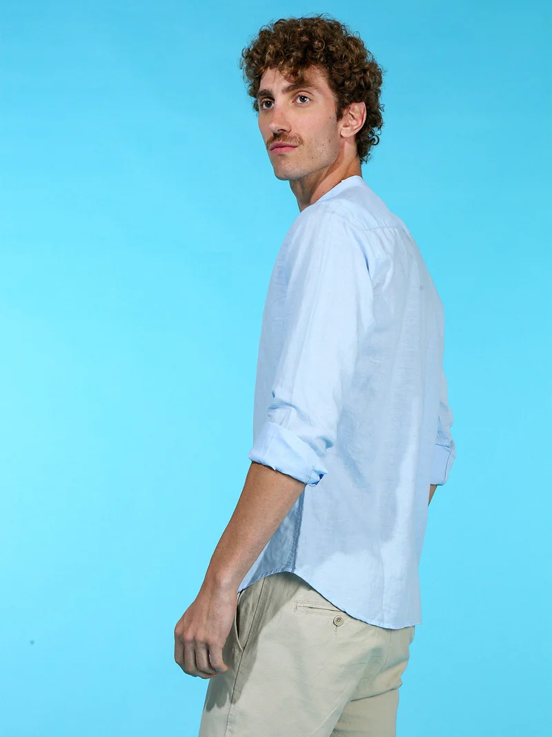 Camicia da uomo alla coreana in misto lino - azzurro