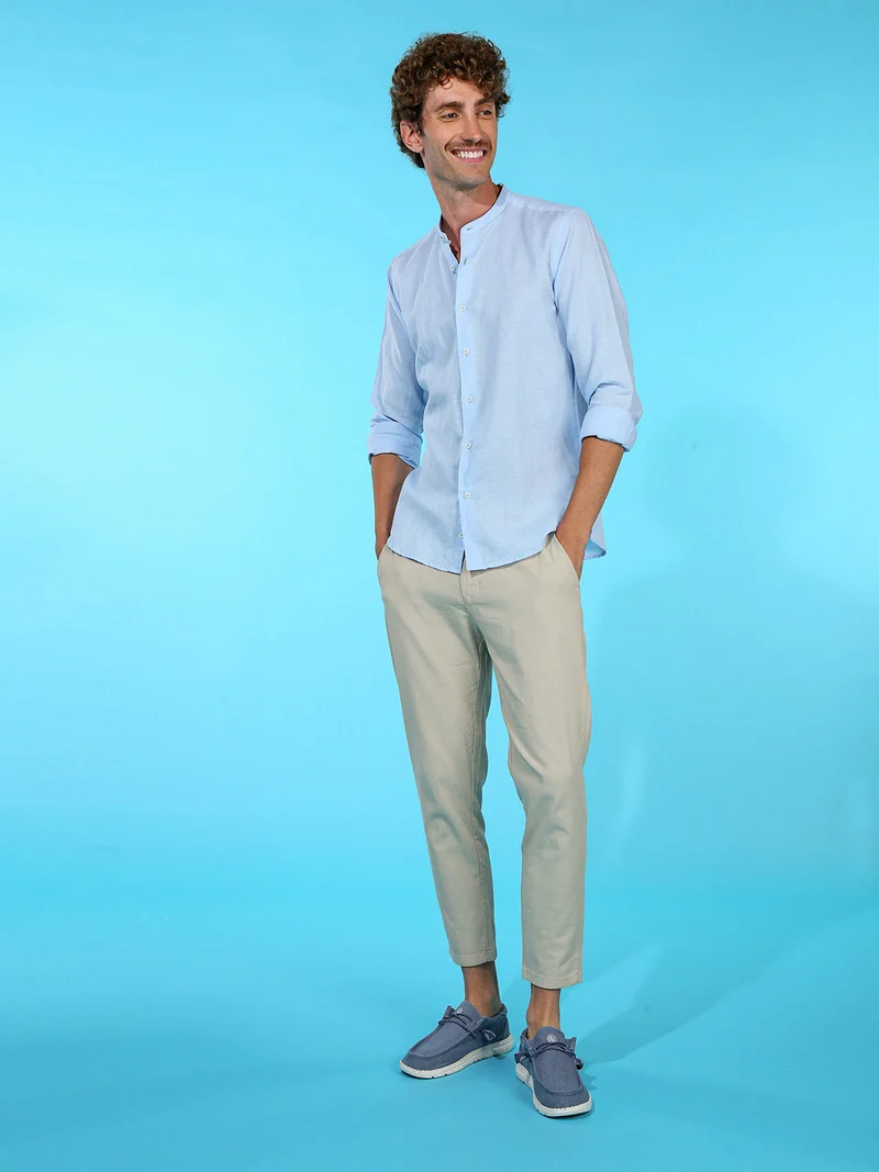 Camicia da uomo alla coreana in misto lino - azzurro