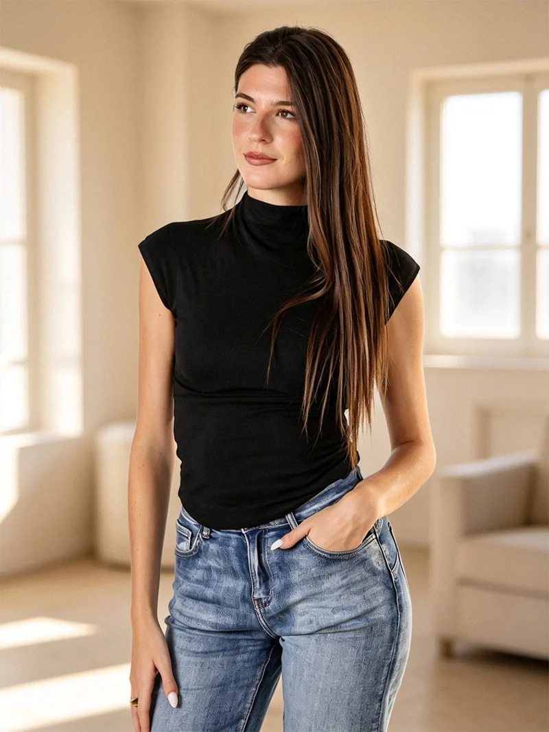 Top donna accollato senza maniche - nero