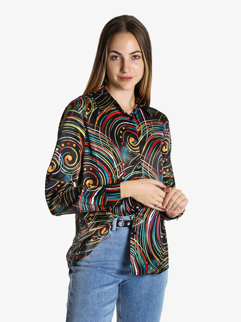 Camicia donna a maniche lunghe con stampa a fantasia - verde