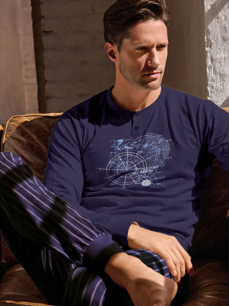 WORLD TRIP Pigiama lungo da uomo in cotone jersey - blu